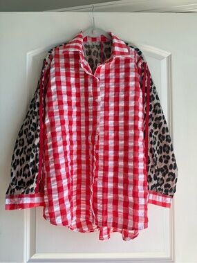 Red & White Gingham Button-Up Shirt with Leopard-Print Sleeves